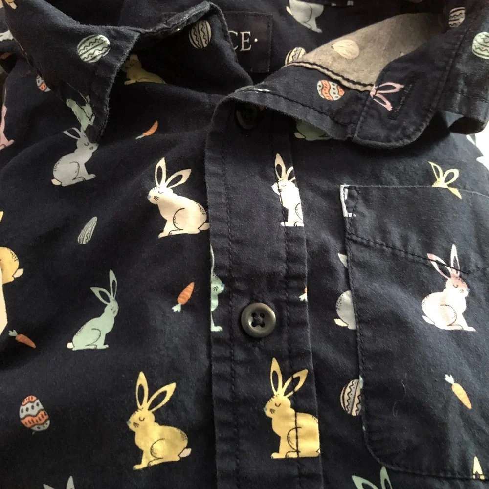 The Children's Place Navy Button-Down Shirt with Pastel Bunny Print